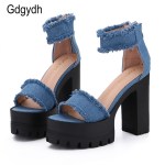 Gdgydh New Summer Shoes Fashion Denim Tassel Women Sandals Thick Heels High Platform Zipper Female Shoes Large Size 35-39