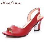 Meotina Genuine Leather Shoes Women Sandals Peep Toe High Heels Real Leather Sandals Rhinestone Ladies Shoes White Size 43 44