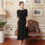 VOA Brand Silk Vintage Dresses Women Elegant Luxury Short Sleeves Solid Draped Ankle-Length O-Neck Maxi Vestidos Female A7607