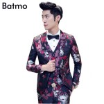  new spring High quality casual printed flowers single Breasted suit, blazer,wedding dress,free shipping(Jackets+Pants+vest)