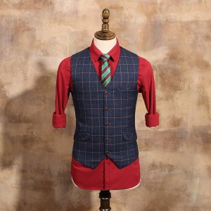  New Arrival Men Fashion Blue Plaid Vests Male Slim Suit Vest Mens Vintage Wedding Dress Suits Vests men Waistcoat CBMJ034B