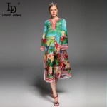 High Quality  Summer Designer Runway Dress Women's Long Sleeve Split Parrot Floral Printed Casual Loose Mid-Calf Dress