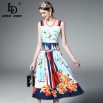 High Quality  Runway Designer Summer Dress Women's Elegant Spaghetti Strap Casual Floral Printed Pleated Dress