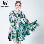 High Quality Fashion Designer Summer Dress Women's elegant Off the Shoulder Spaghetti Strap Casual Green Floral Print Dress