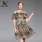 High Quality Runway Designer Summer Dress Women's Short Sleeve Slash neck Leopard Printed Sexy Dress