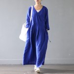 SCUWLINEN Vestidos  Spring Autumn Dresses Solid Vintage V-neck Three Quarter Long Linen Dress Women Casual Sexy Robe S303