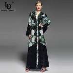 High Quality  Runway Maxi Dress Women's Long Sleeve Vintage Green Floral Print Lace Patchwork Loose Long Dress