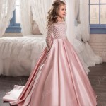 Christmas Fancy Flower Girl Dress Floor Length Button Draped Pink Long Sleeves Tulle Ball Gowns for Kids Glitz 0-12 Old  New