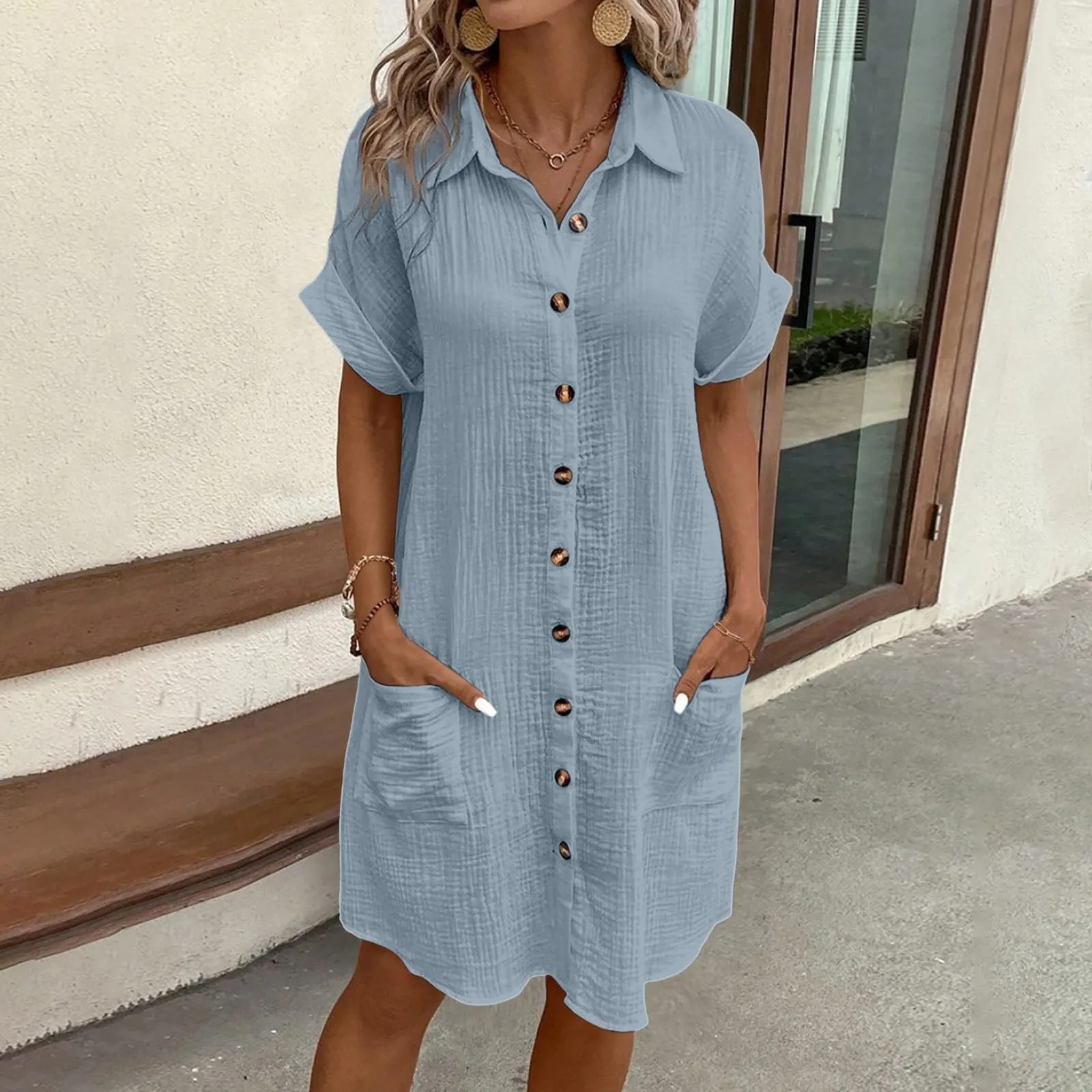 Women'S Fashion Summer Minimalist V-Neck Button Up Dress Woman Cotton Linen White Short Sleeved Pocket Casual Loose Shirt Dress - Image 3
