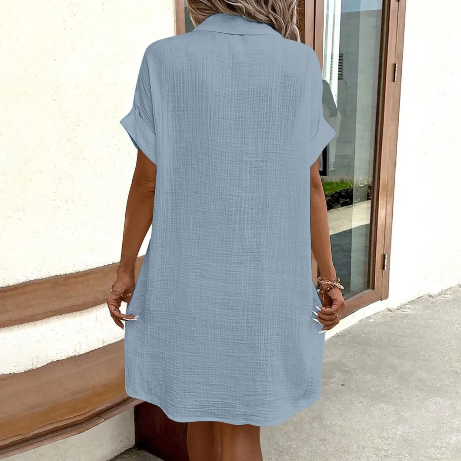 Women'S Fashion Summer Minimalist V-Neck Button Up Dress Woman Cotton Linen White Short Sleeved Pocket Casual Loose Shirt Dress - Image 4
