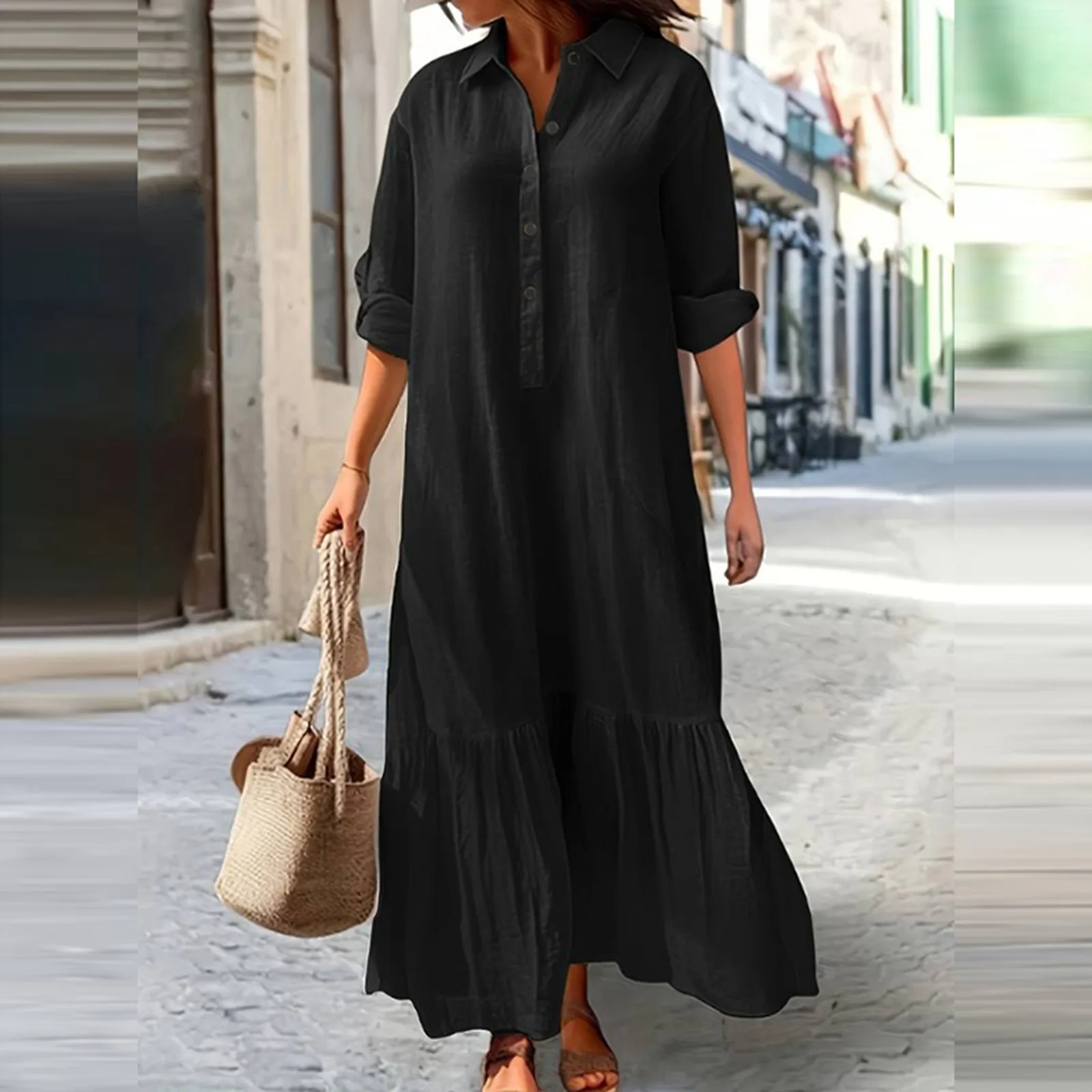 2024 Summer Cotton Linen Women Dress Black Loose Long Sleeve Shirt Dresses Female Summer Casual Oversize Elegant Clothes Ladies - Image 4