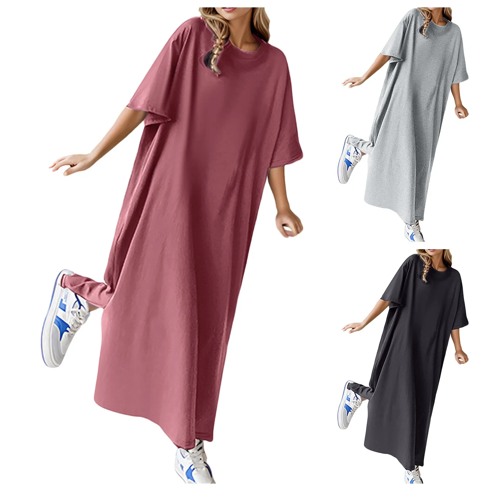 Loose Casual Solid Color Comfortable Cotton Dress Loose Large Size Short Sleeved Shirt Dress Summer Home Long Dresses - Image 5