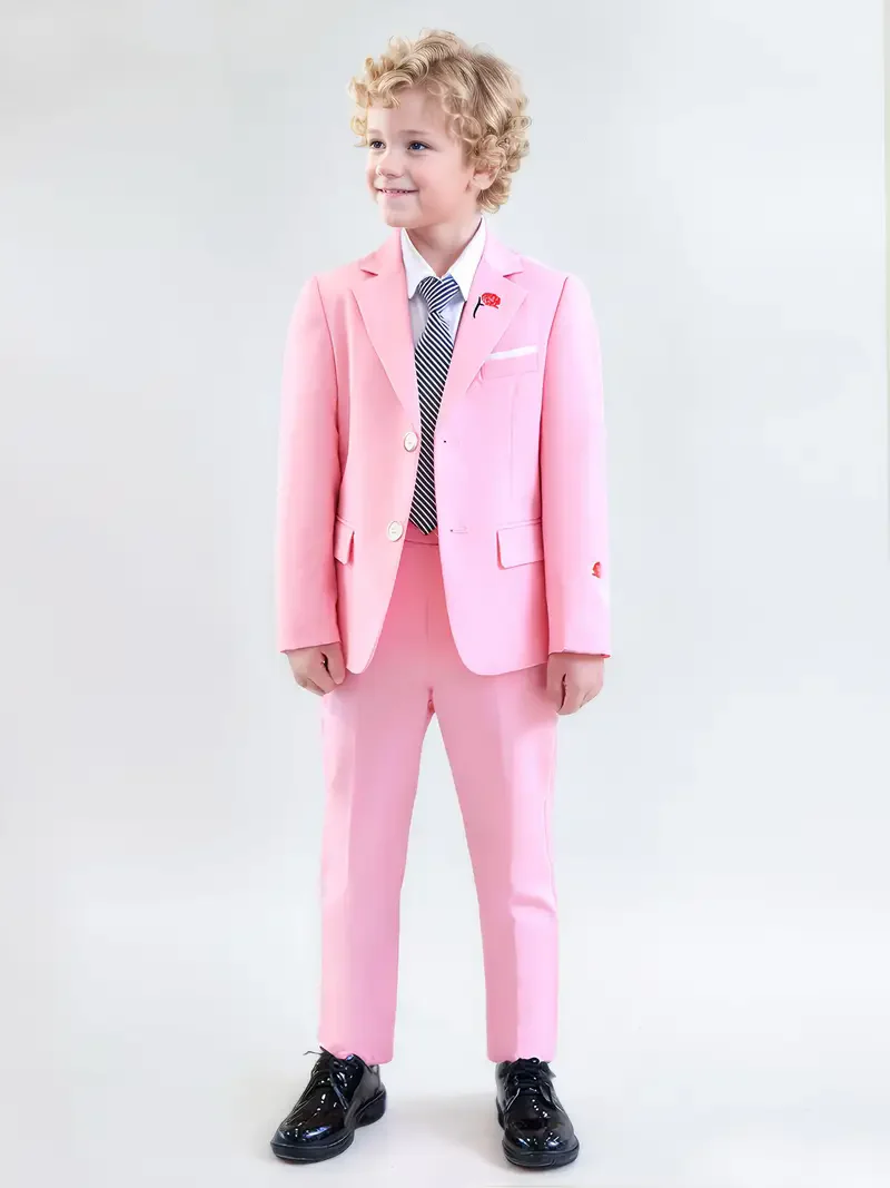 Flower Boys Pink 3Pieces/Set Jacket Pants Tie Wedding Suit Kids Formal Piano Host Performance Suit Children Birthday Party Dress - Image 2