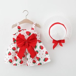 Baby Girl Dress Cute Strawberry Printed Princess Dress Vacation Style Baby Girl Clothes Send Hat