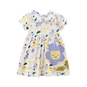 Jumping Meters 2-7 Years Girls Dresses Floral Print Collar Party Birthday Cute Toddler Clothing Kids Short Sleeve Frocks