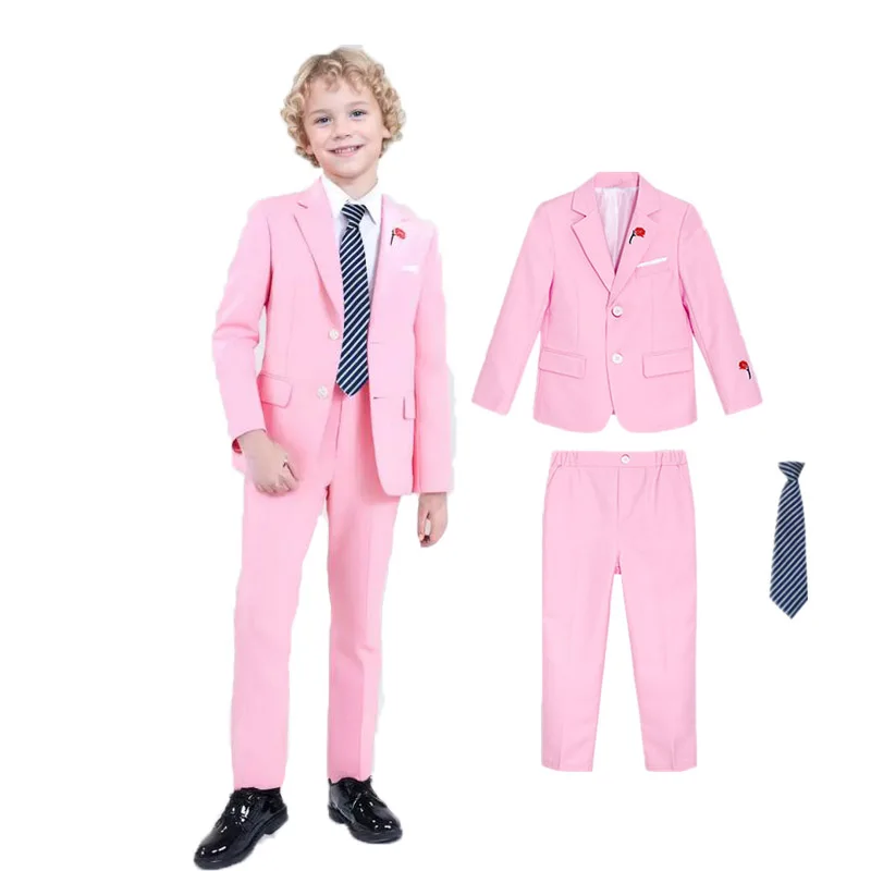 Flower Boys Pink 3Pieces/Set Jacket Pants Tie Wedding Suit Kids Formal Piano Host Performance Suit Children Birthday Party Dress