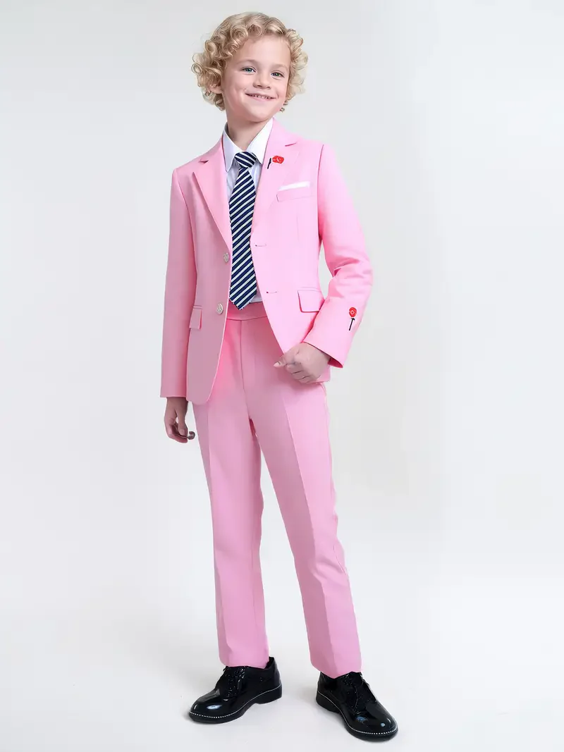 Flower Boys Pink 3Pieces/Set Jacket Pants Tie Wedding Suit Kids Formal Piano Host Performance Suit Children Birthday Party Dress - Image 4