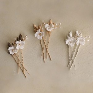 Wedding Pins Hair Clips Ceramic Flower Bridal Headpiece Gold Silver Color Leaf Jewelry Pearls Women Boddy Pin