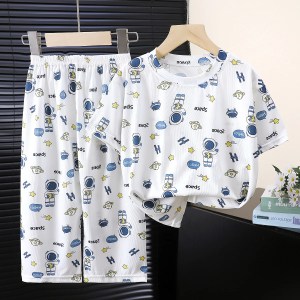 Children's Summer Thin Breathable Pajamas Short Sleeve Cartoon Print Ice Silk Clothing Set Sleepwear Boys Girls Casual Homewear