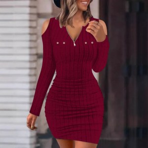 Sexy Wrap Buttocks Dress Women Sheath Dresses Zipper Spliced Solid Long Sleeve Hollow Out Vestidos Slim Fit V Neck