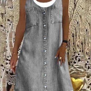Knee Length Dress Women Washed Denim Dresses Spliced Print Single Breasted Distressed Pockets Casual Loose Square Collar