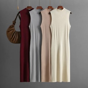 Knitting Dress Women Sheath Dresses Half High Collar Sleeveless Slim Stretch Knitted Sundress Office Lady Vestidos