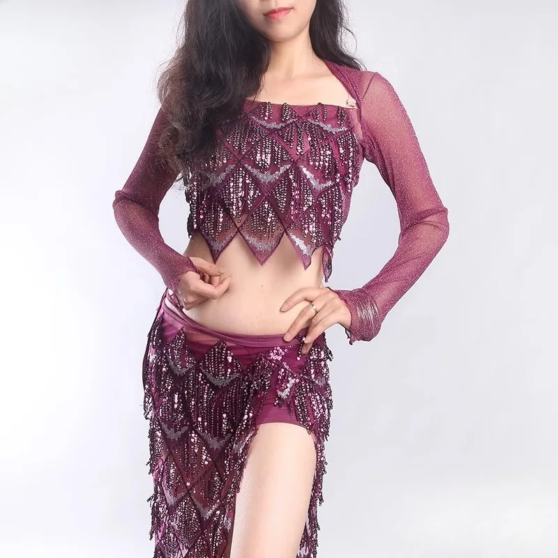 Customized New Belly Dance Costume Practice Top and Practice Dress Set with Tassel Shining Hip Scarf Skirt Performance Dress - Image 4