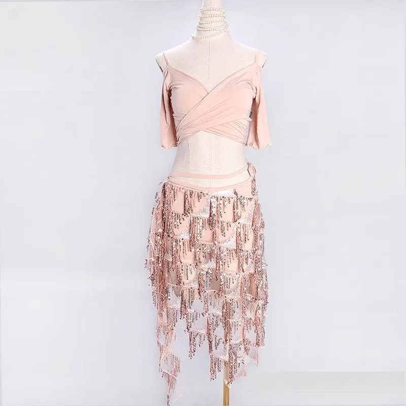 Customized New Belly Dance Costume Practice Top and Practice Dress Set with Tassel Shining Hip Scarf Skirt Performance Dress - Image 2
