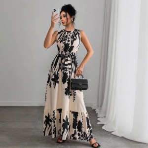 Sleeveless O Neck Women Dress Print High Waist Dresses Spliced Sashes Vestidos Looe Fit Ankle Length Vintage