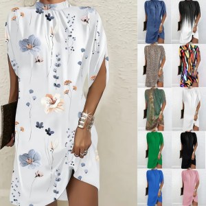 Women Dresses Batwing Sleeve Dress Print O Neck Knee Length Loose Fit Straight Slight Strech Basics Casual Spliced