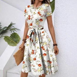 Dresses Women Flower Print Dress Round Collar Short Sleeve Lace Up Tight Waist Vestidos Casual Knee Length A Line