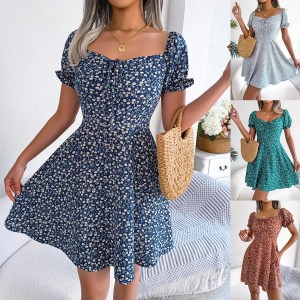 Square Collar Print Dress High Waist Women Dresses Beach Spliced Short Sleeve Loose Fit Slight Strech Casual A Line