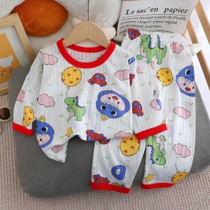 New Kids Boys Girls Summer Pure Cotton Thin Pajamas Cute Cartoon Print Long Sleeve T-Shirt Tops + Pants Baby Clothing Sets