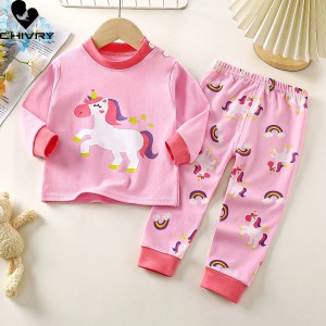 Boys Girls Pure Cotton Pajamas Kids Cartoon Print Long Sleeve T-Shirt Tops + Pants Pyjamas Baby Underwear Clothing Sets